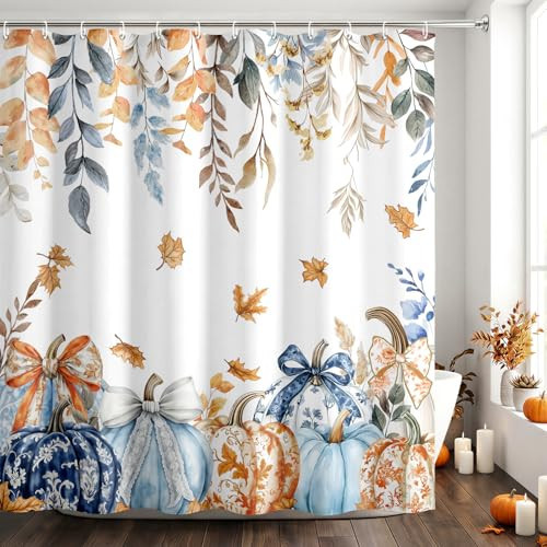 APROPHIC Fall Shower Curtain, Autumn Chinoiserie Pumpkin Waterproof for Bathroom Decorations, Orange Maple Leaf Eucalyptus Leaves Bow-Tie Pumpkin Decor, Thanksgiving Shower Curtain with Hooks 72x72in | Amazon (US)