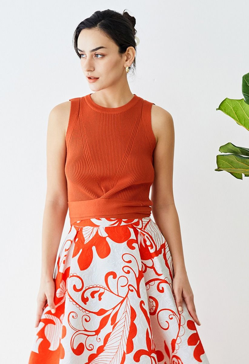 Tie Waist Knit Tank Top in Orange | Chicwish