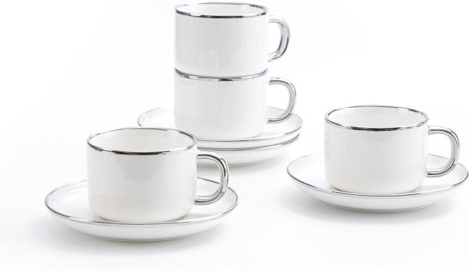 Tea Cups and Saucers with Silver Trim, 6.76 Ounce White Porcelain Tea Set & Coffee Cups for Latte... | Amazon (US)