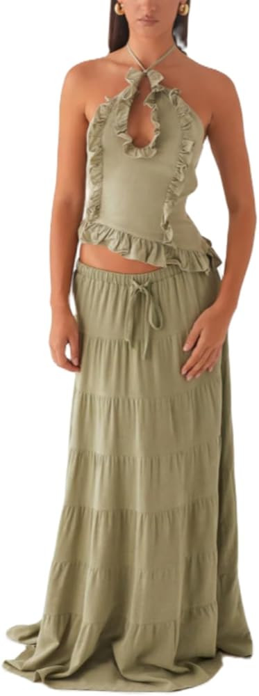 Womens 2 Piece Maxi Skirt Set Y2k Halter Ruched Cami Top Tiered Flowy Ruffle Skirt 2025 Summer Be... | Amazon (US)