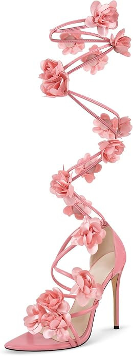 richealnini Floral Heel for Women Flowers Wrap Knee High Gladiator Sandals Stiletto High Heels | Amazon (US)