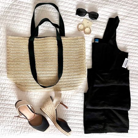 Elevated summer outfit: square neck midi dress, thick gold hoops, black rectangular sunglasses, straw shopper tote, wedge espadrille. Vacation vibes.

#LTKSaleAlert #LTKFindsUnder50 #LTKTravel