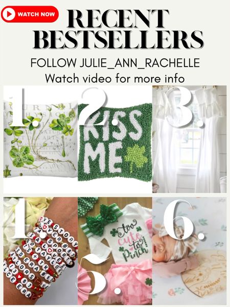 Watch video for closeups and click on your favorites linked here of recent bestselling home decor, gifts, St. Patty day decor and more. 

1. $49.00
St Patricks Day Pillow Throw Pillow Cushion Cover Shamrock Lucky Irish 100% Cotton Pillow Covers

2. 8" x 8" Kiss Me I’m Irish Clover Hooked Pillow WAS  $24.60
12% Savings SALE $21.57
Note size 8”x8”

Colorful and fun, this pillow is the perfect accessory to complete your living room or bedroom with the St. Patrick's holiday in mind! Style this pillow with your St Patty's decorations for a fresh look. It also makes a wonderful surprise gift for a friend or loved one, surprise them with comfort!

3. IN 6 CARTS
Price: $79.00+
Adjustable Ruffled Curtain Panels up to 108 inches | White Washed Ruffled 100% Cotton Curtain Panels | Farmhouse Decor | French Country | Shabby Chic

4. Birthday gift for girl. IN 20+ CARTS
Price: $5.95+
Taylor Swift Era Travis Kelce #87 Love Story Swiftie Seed Bead Bracelet Set. Enjoy Taylor’s Version of this new Love Story with one or all of these bracelets. You pick and choose which bracelets you want to wear to suppose Traylor! Listing price is for ONE bracelet but add as many as you’d like to your cart and check out!

5. $19.95+
Baby Girl St Patrick’s Day Outfit, Too Cute To Pinch, St. Patrick’s Tutu Outfit, Newborn Shamrock, Girls Pink Outfit, 1st St. Patrick’s Day. Complete 4pc set comes with glitter embellished bodysuit, sequin bow headband, leg warmers with glitter shamrock knees, and a ruffle tutu bloomer with glitter shamrock detail.

6. IN 20+ CARTS
Price: $35.00
Monogrammed Lovedbaby Organic Footie | Personalized Baby Coming Home Outfit | Monogrammed Baby Gift
The perfect coming home outfit for any little one!

#LTKVideo #LTKhome #LTKfindsunder50