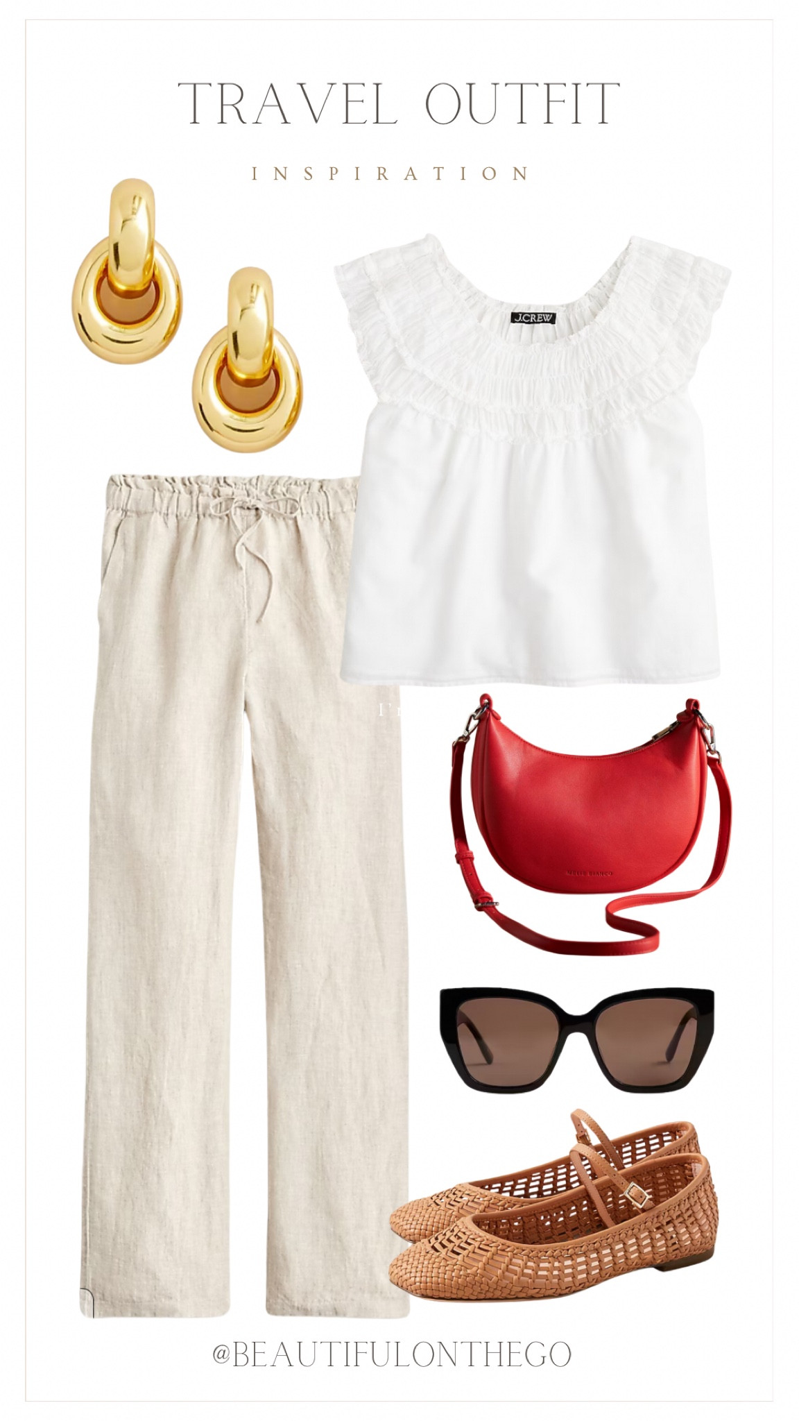 Travel summer outfit! 
Linen plants, white blouse, red purse, colorful hand bag, sunglasses, gold statement earrings, ballet flats. 

#J.Crew 
#Traveloutfit
#Vacationoutfit
#trendingbag
#balletflats


#LTKSaleAlert #LTKStyleTip #LTKShoeCrush