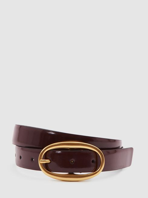 Drew
                Patent Leather Oval Buckle Belt | Reiss UK