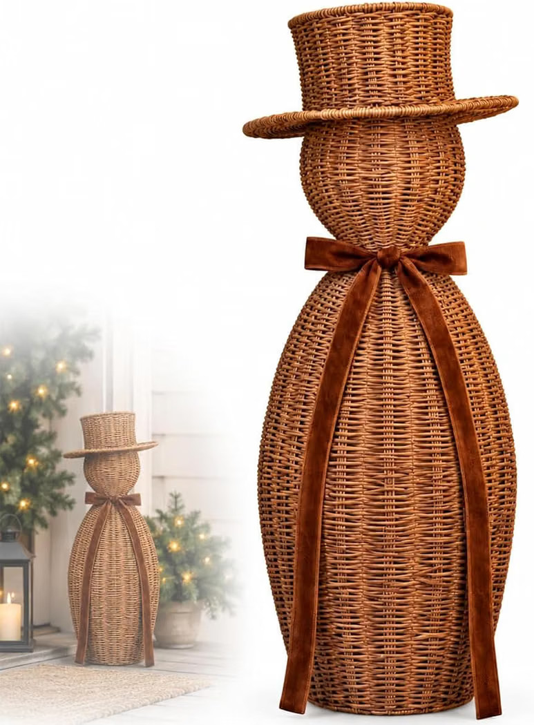 Christmas Snowman Decor, Wicker Style Faux Rattan Snowman Figurine, 15 Inch | Amazon (US)