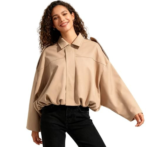 womens bomber jacket,Womens Bomber Jacket,Suede Jackets for Women 2025 Black Brown Faux Fall Casual Oversized Bell Sleeve Pleated Elastic Hem Streetwear Y2k Coats 01 Khaki M | Amazon (US)
