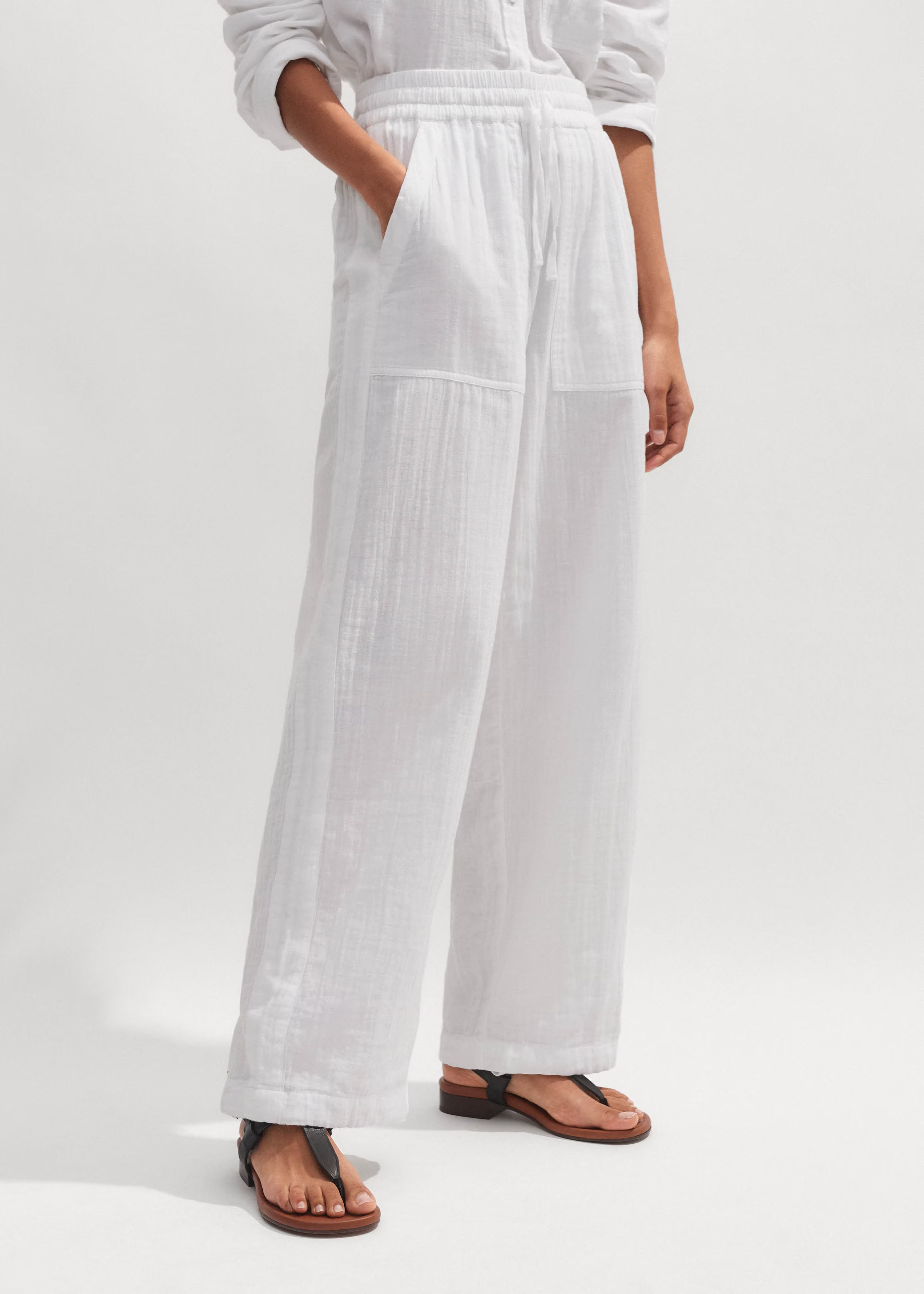 Women's White Cheesecloth Drawstring Hem Pant | ME+EM | ME+EM US
