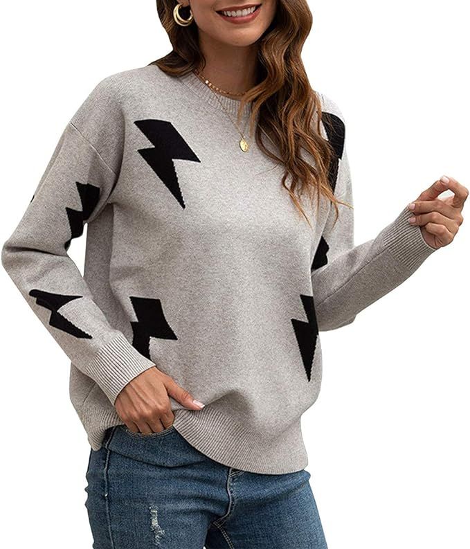 PRETTYGARDEN Women’s Winter V Neck Lantern Long Sleeve Star Color-Block Split Knit Sweater Pull... | Amazon (US)