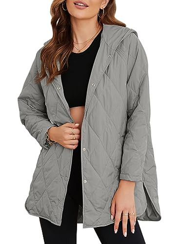 EVALESS Winter Jacket for Women Diamond Quilted Jackets Women's Fashion Fall Long Sleeve Coat Hooded Button Down Puffer Jacket Solid Shacket Clothing Dressy Casual, Gray Medium | Amazon (US)