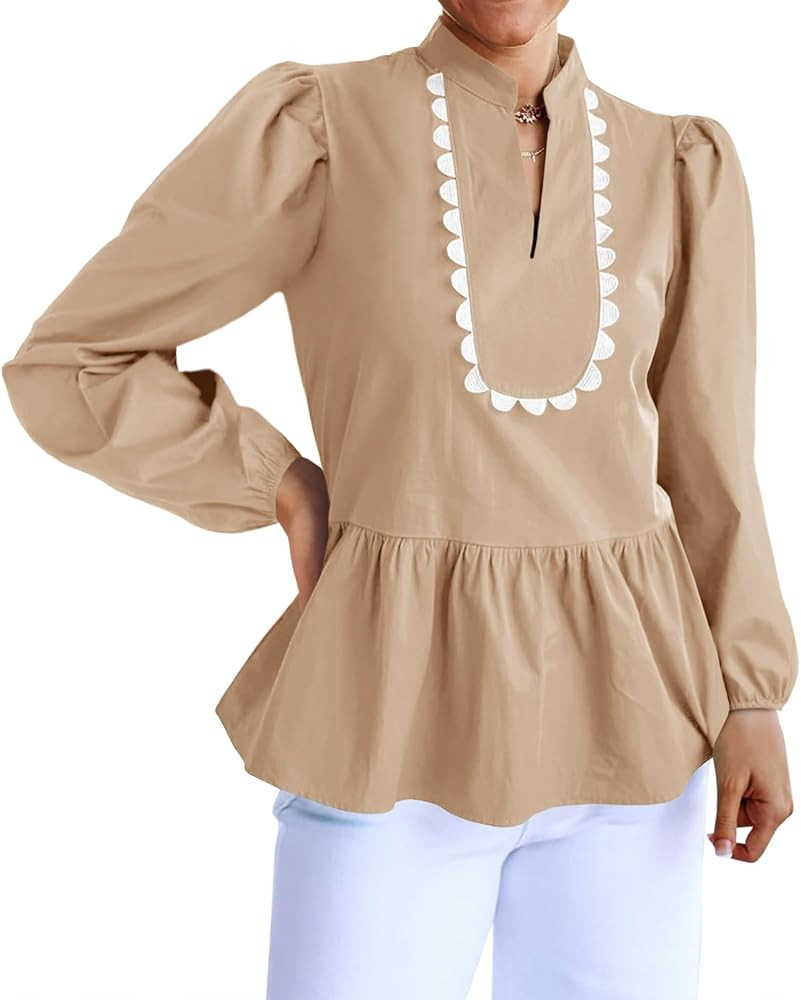 Cicy Bell Womens Puff Long Sleeve Peplum Blouses Babydoll V Neck Ruffle Tops Cute Cotton Loose Fi... | Amazon (US)