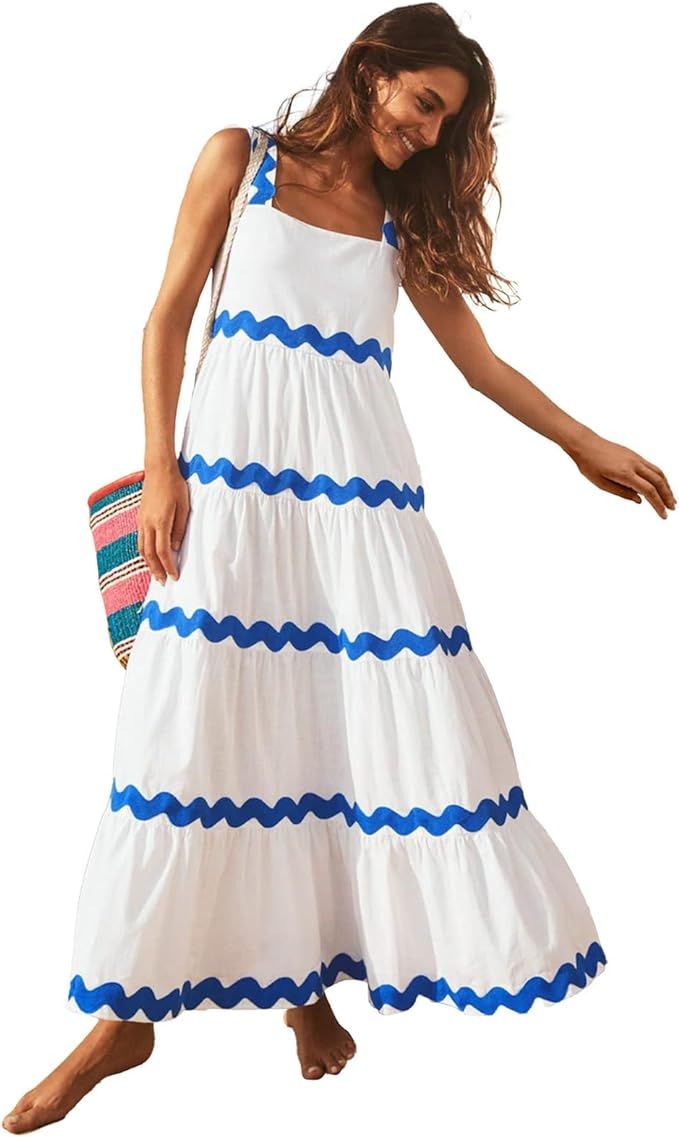 ODIZLI Women Spaghetti Straps Sleeveless Smocked Sundresses Long Flowy A-Line Midi Dress Summer | Amazon (US)