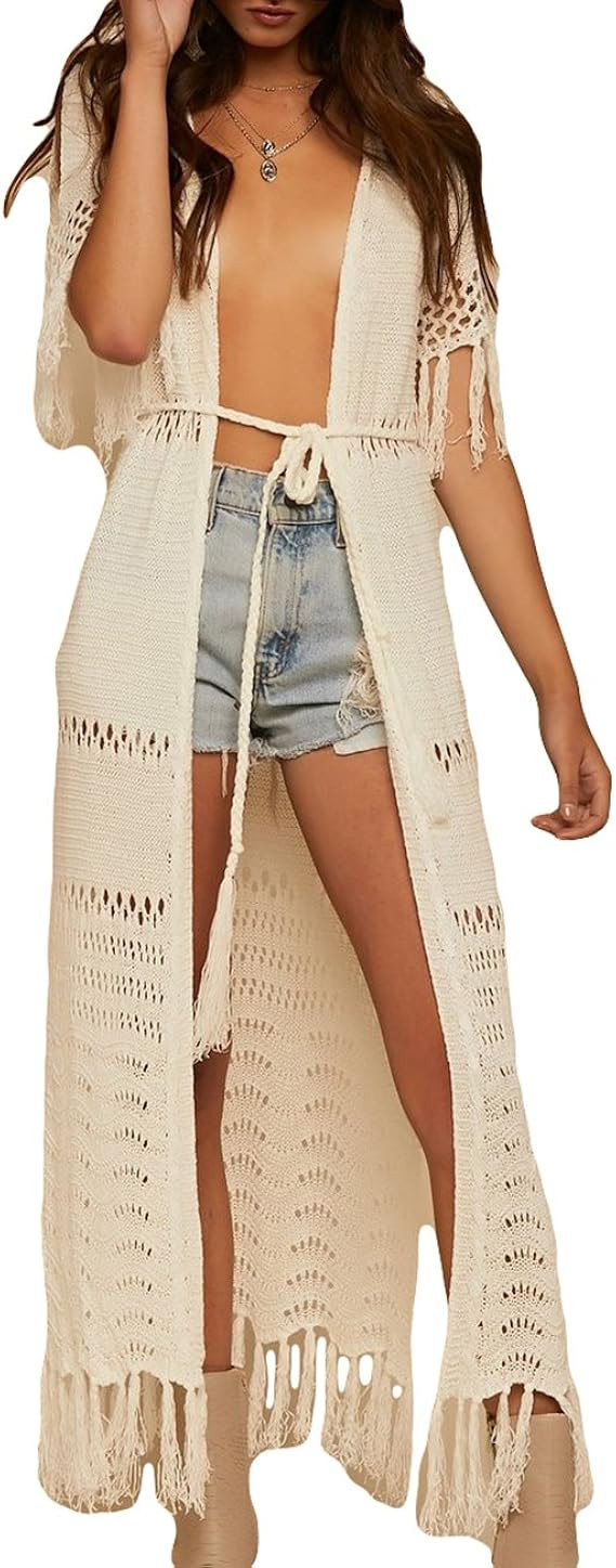 Bsubseach Women Sexy Lace Crochet Open Front Swimsuit Beach Long Kimono Cover Ups | Amazon (US)