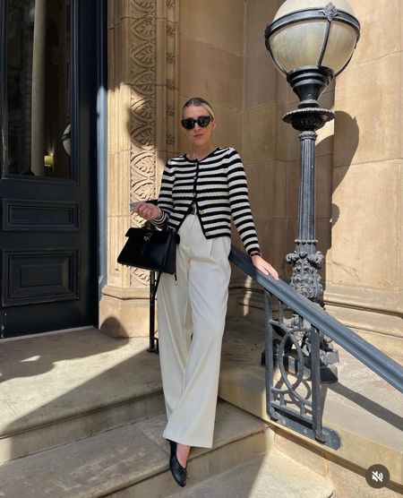 Striped button up cardigan, white tailored trousers, black leather ballet flats, leather crossbody bag, sunglasses

#LTKSeasonal #LTKeurope #LTKstyletip