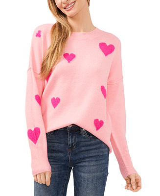 CeCe Women's Valentine Heart-Print Crewneck Long-Sleeve Sweater - Macy's | Macy's
