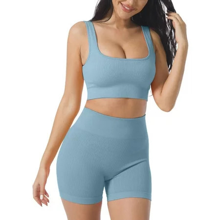 Sngxgn Two Piece Yoga Set Sport Outfit For Woman Workout Set Women s Tracksuit Crop Top+Leggings Women Yoga Suit For Fitness Sportswear(Blue L) | Walmart (US)
