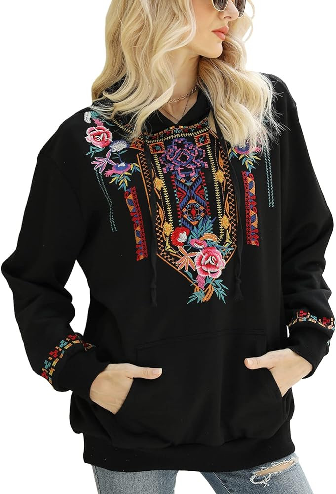 Higustar Embroided Hoodies for Women Mexican Cotton Sweatshirts Bohemian Casul Long Sleeve Fall W... | Amazon (US)