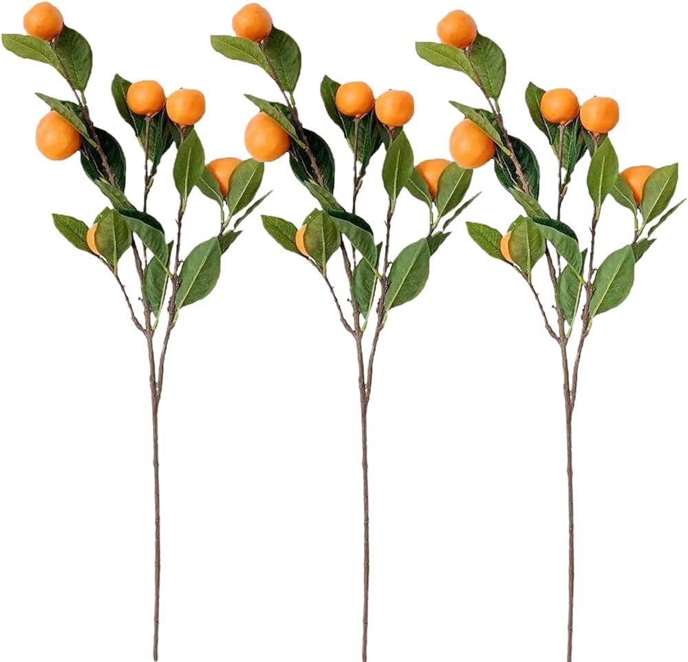 3 PCS Artificial Tangerine Branches, 25 Inch Faux Orange Stems with Green Leaves, Simulation Long... | Amazon (US)