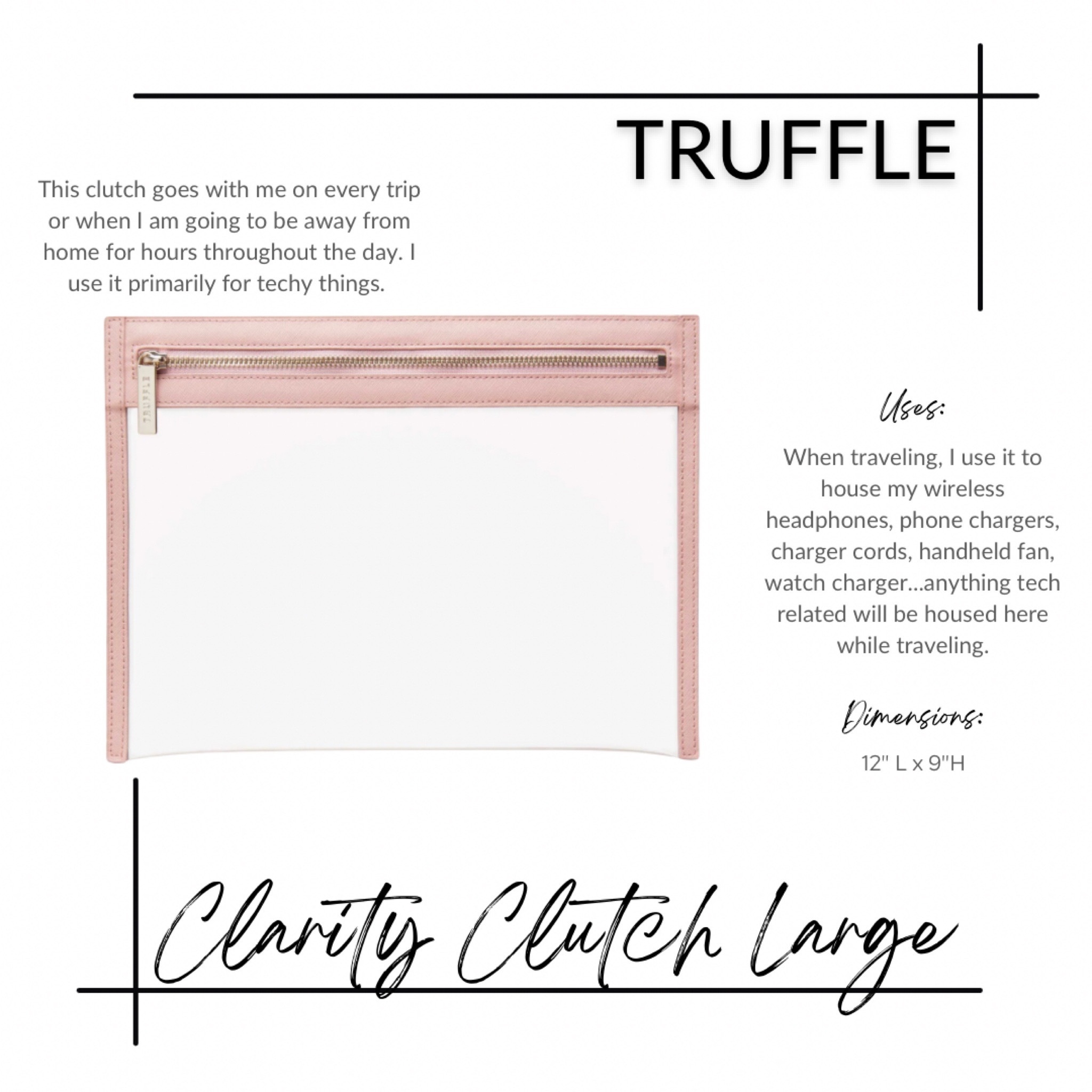 I use this beautiful clutch for all things tech. It is large enough to house my wireless, Bluetooth over the head headphones, all chargers, a rechargeable fan, AirPods…literally everything tech fits! If you’re looking for a chic way to organize your tech accessories for your next trip, give Truffle a try!

#LTKtravel #LTKstyletip #LTKbeauty