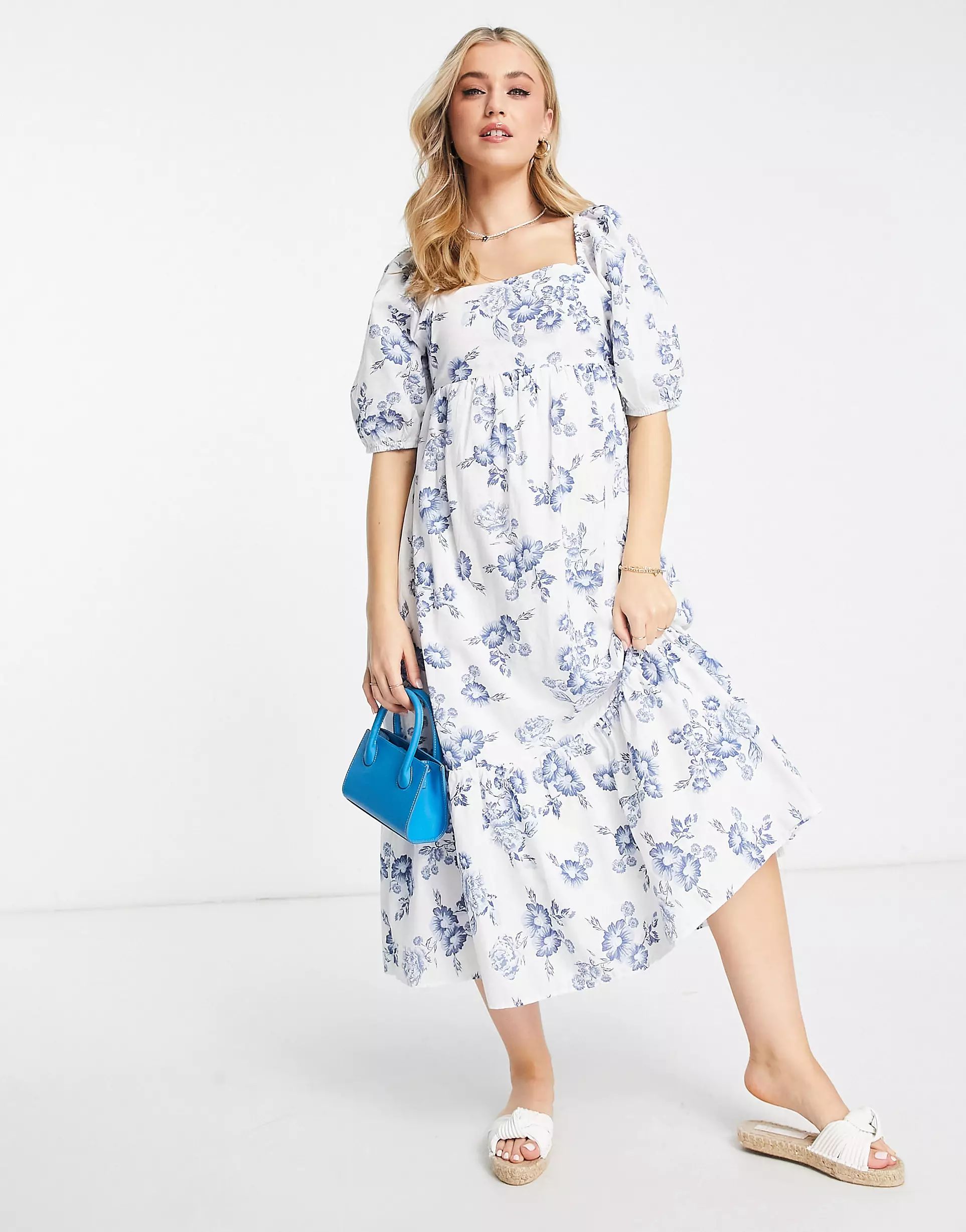 New Look square neck tiered midi dress with tie back in white and blue floral | ASOS (Global)