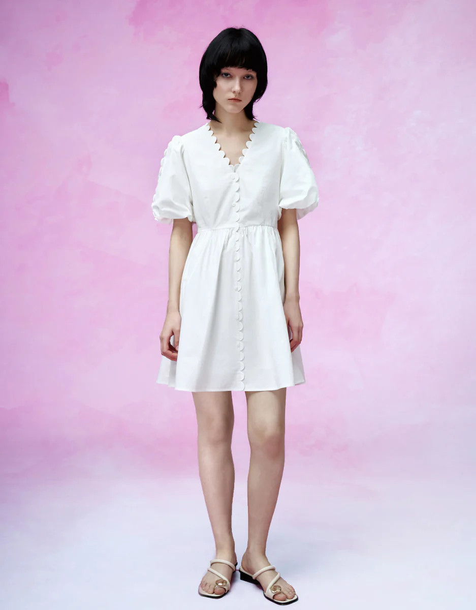 Puff Sleeve V-Neck A-Line Dress | Urban Revivo