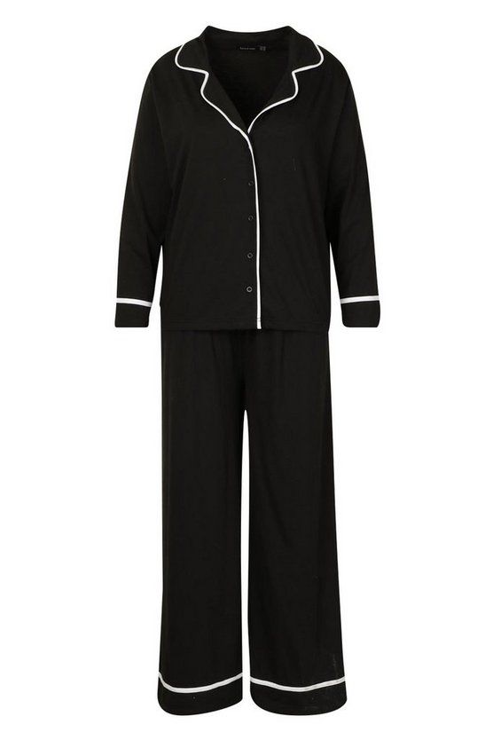 Plus Long Sleeve Button Through Jersey PJ Set | Boohoo.com (US & CA)