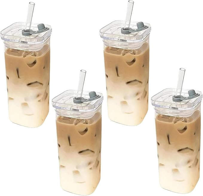 Sanfiyya Square Coffee Glass Cup, 4Pcs Transparent Milk Tea Juice Cups with Lids and Straws, 400m... | Amazon (US)