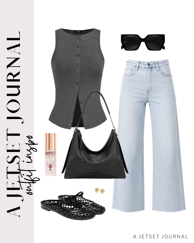 The next outfit idea is to pair a dark gray button-down tank with your high-waisted jeans. These clear jelly sandals and Montana West bag go well with this look, too. Style your outfit with these polarized SOJOS sunnies and small stud earrings. To finish the fit, apply the trending Charlotte Tilbury setting spray.

#LTKSeasonal #LTKSaleAlert #LTKTravel
 

 