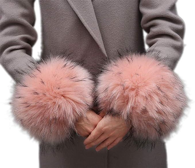Tngan Winter Faux Fur Arm Warmers Short Furry Wrist Band Ring Cuff for Women | Amazon (US)