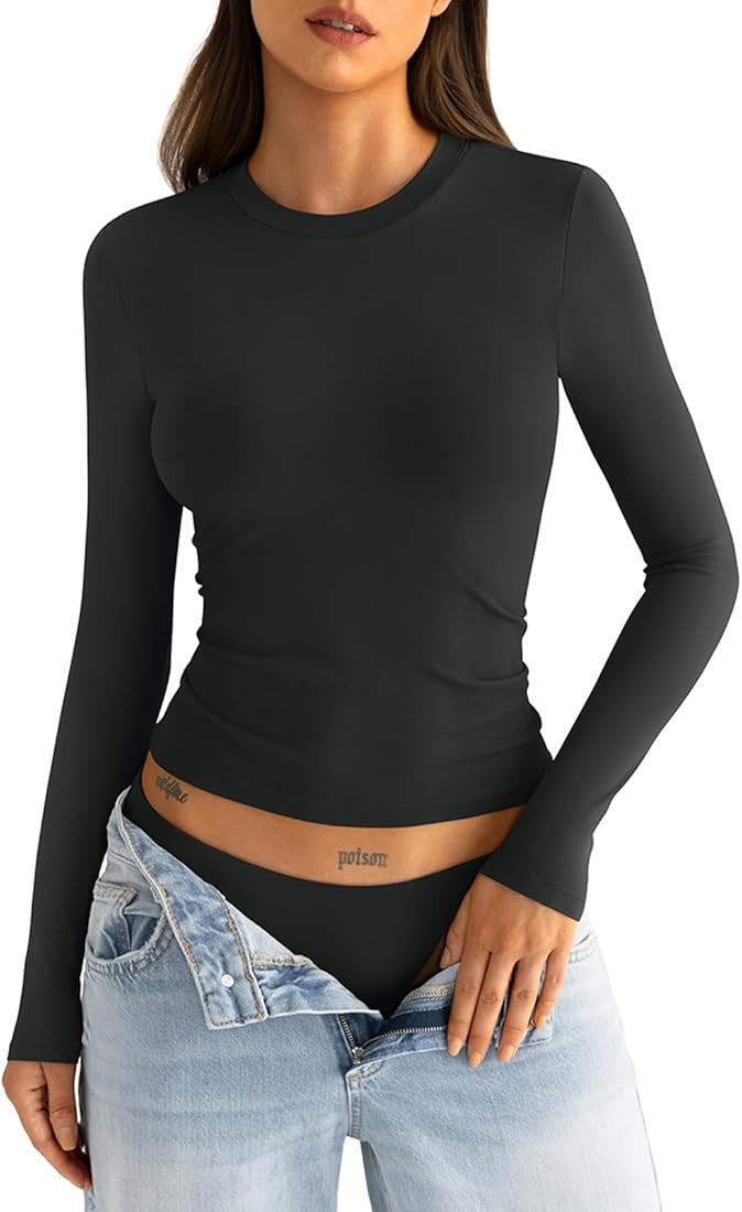 Seamless Long Sleeve Shirts for Women Crewneck Double Layering Basic Tops Fitted Y2K T Shirts Fal... | Amazon (US)
