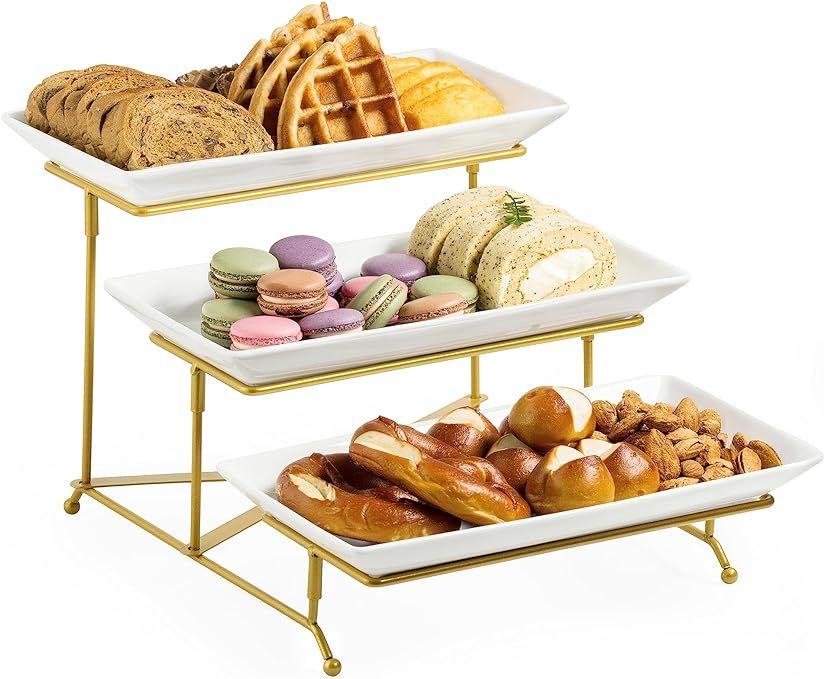 LAUCHUH 3 Tier Serving Stand with Porcelain Serving Platter Tier Serving Trays with Collapsible S... | Amazon (US)