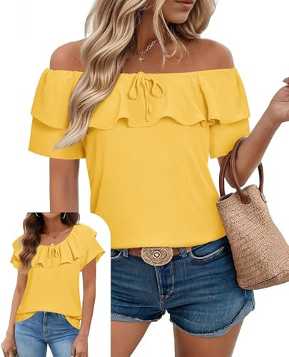 Uhiger Womens Off The Shoulder Tops Boat Neck Yellow Shirt Ruffle Sleeve Chiffon Blouses Summer Outfits Beach Vacation Clothes | Amazon (US)