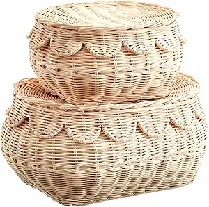 Small scalloped basket Set, Hand woven rattan basket with lid, scallop tray, Storage wicker baske... | Amazon (US)