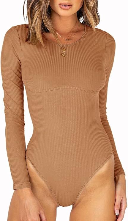 REORIA Women’s Fashion Crew Neck Long Sleeve Underbust Detailing T Shirts Knit Ribbed Bodysuits... | Amazon (US)
