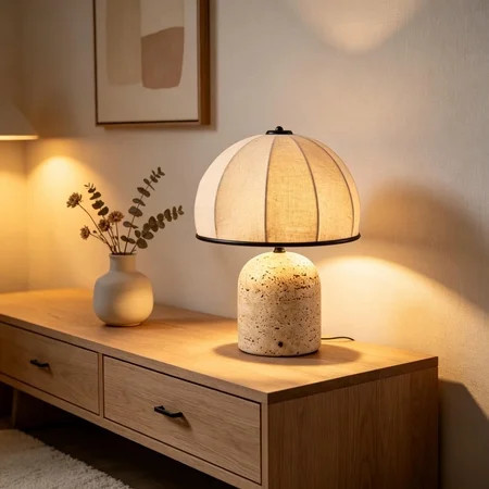 Rechargeable Stone Gourd Table Lamp, Fabric Dome Shade, Rechargeable 2W LED Color Changing Bulb for Bedroom Living Room Office, Travertine or Warm Brown Finish | Walmart (US)