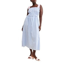 SOLILOQUY Women Boho Striped Midi Dress Spaghetti Strap Scoop Neck Smock Bodice Tiered A-Line Flo... | Amazon (US)