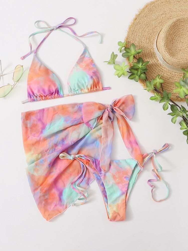 3pack Tie Dye Triangle Bikini Swimsuit & Beach Skirt | SHEIN