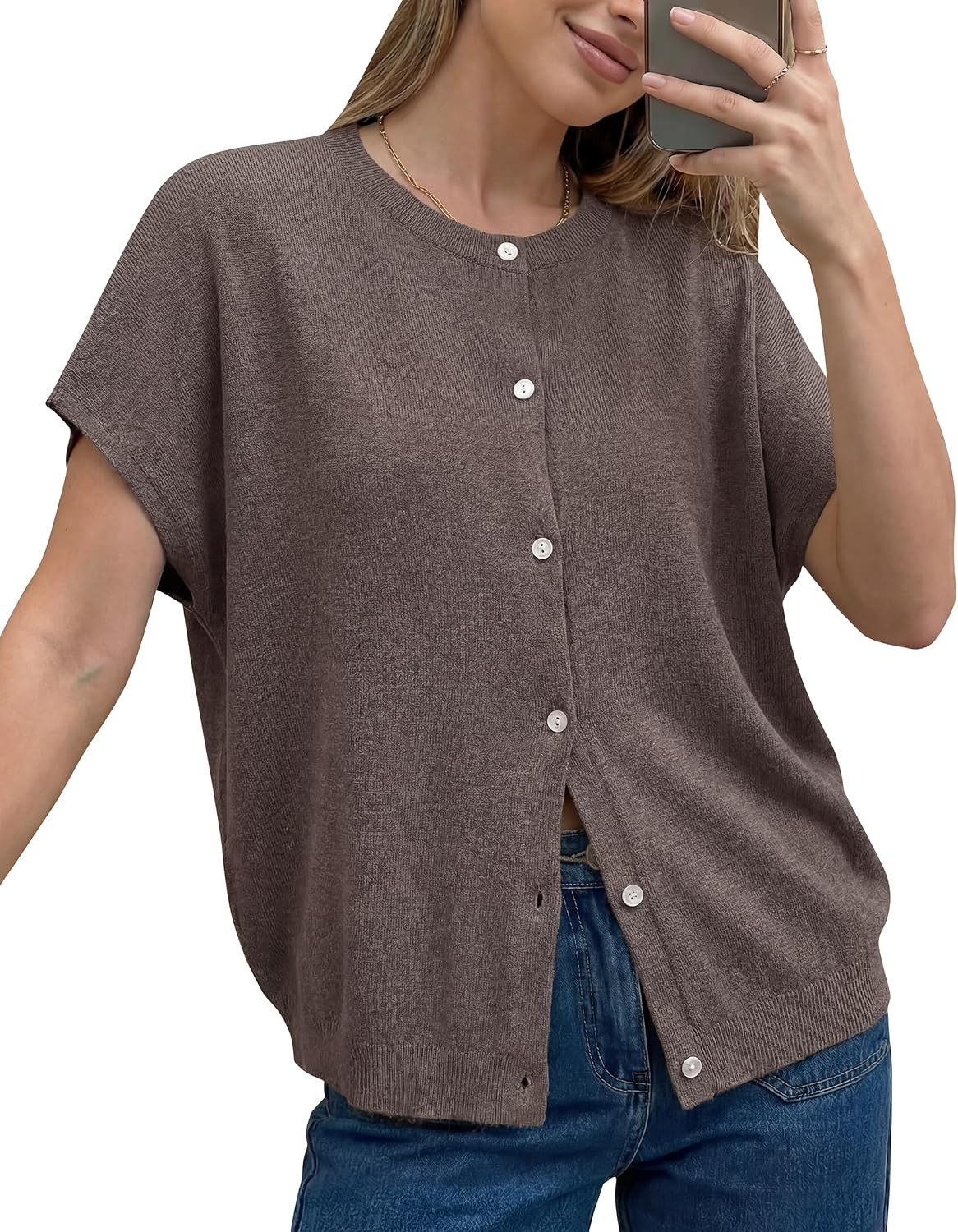 Arach&Cloz Women's Wool Blend Oversized Batwing Short Sleeve Cardigan | Amazon (US)