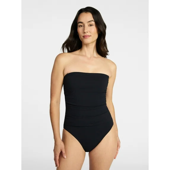 Time and Tru Women's and Women's Plus Size Ribbed Bandeau One Piece Swimsuit, Sizes XS-3X | Walmart (US)