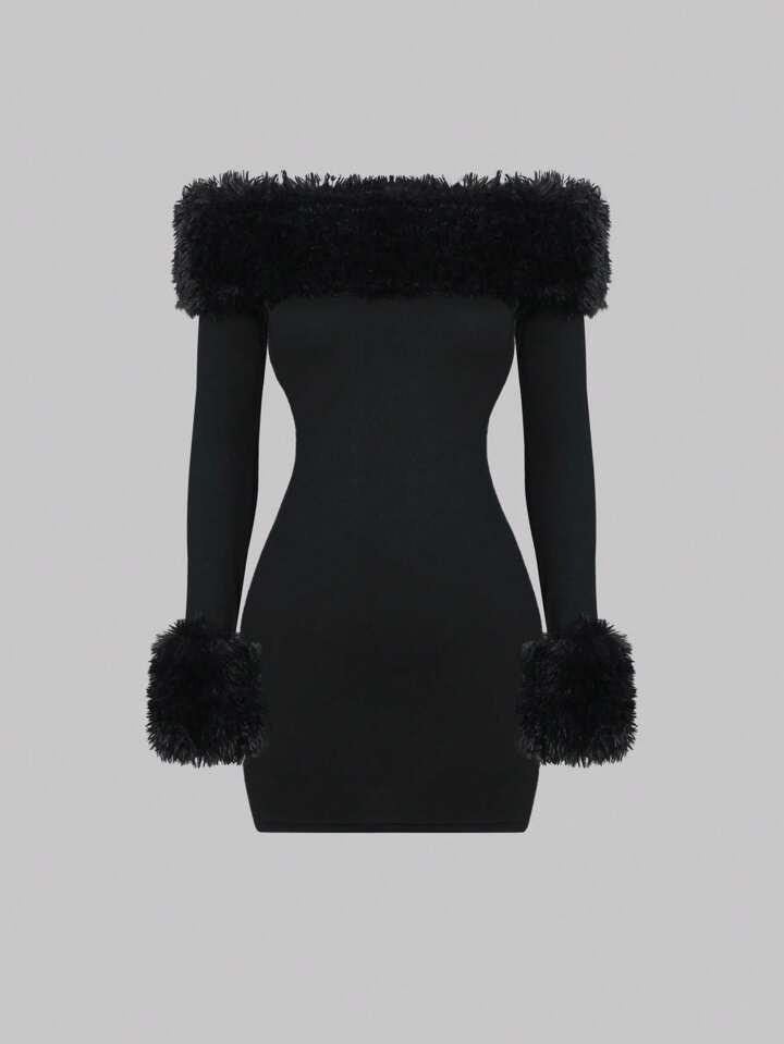 Sweetra Women's Bodycon Off Shoulder Dress With Plush Trim Decoration And Patchwork Design Mini S... | SHEIN