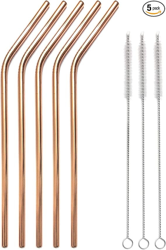 Metal Drinking Straws - 5 Rose Gold Reusable Bent Straws with 3 Cleaning Brushes - Copper Plated ... | Amazon (US)