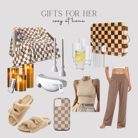 Gift ideas for her, cozy home finds, Womens furry sandals,slippers, checkered blanket, checkered cutting board, tapered candlestick holders, rubbed glasses, remote control candles, cropped tank, loose pants, loungewear, eye massager 

#LTKhome #LTKHoliday