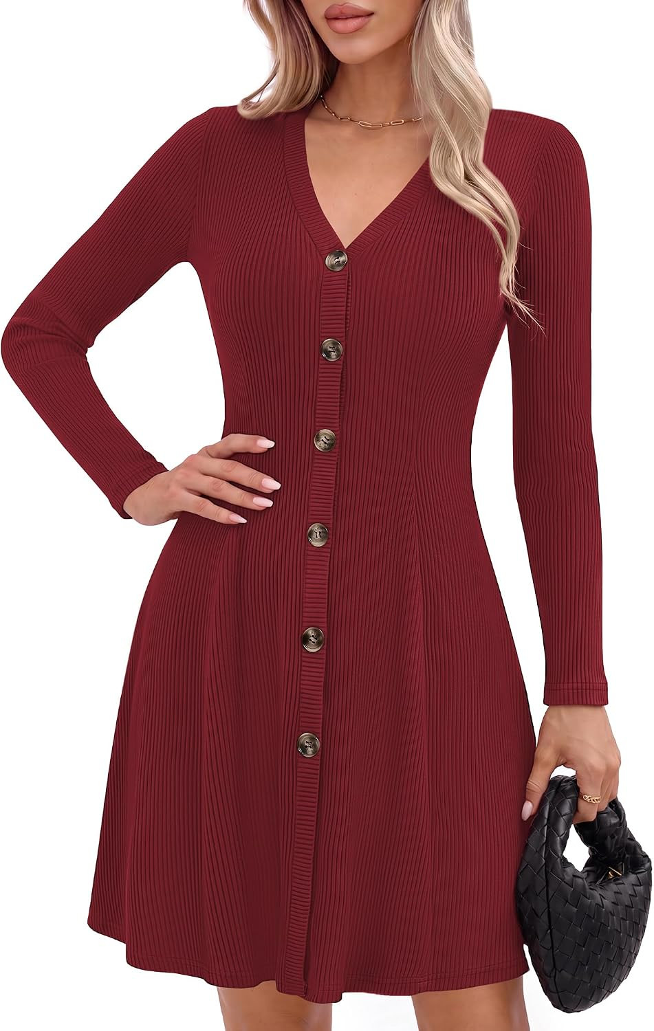 GRACE KARIN 2026 Women's V-Neck Ribbed Knit A-Line Mini Fall Sweater Dress | Amazon (US)