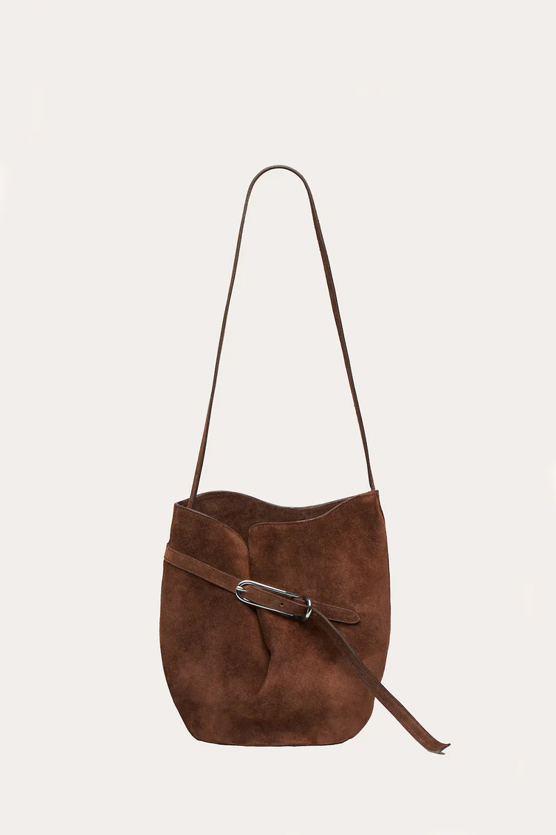Belted Bucket Bag Dark Brown Suede Silver | LITTLE LIFFNER