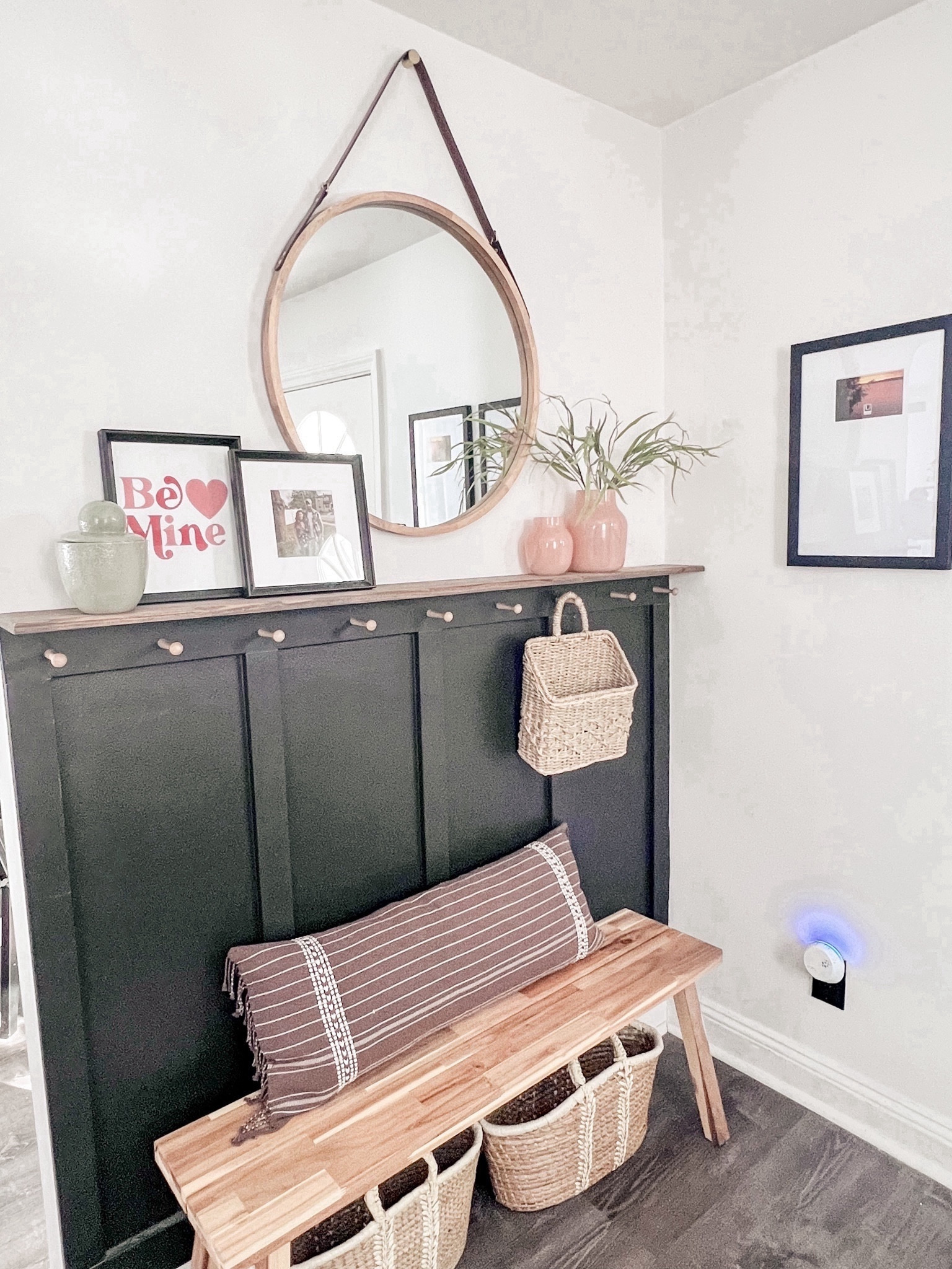 Entryway, entryway bench, Studio McGee round mirror, lumbar pillow, picture frames, valentines, vases, candles, Pura air freshener 

#LTKMostLoved #LTKhome #LTKSeasonal