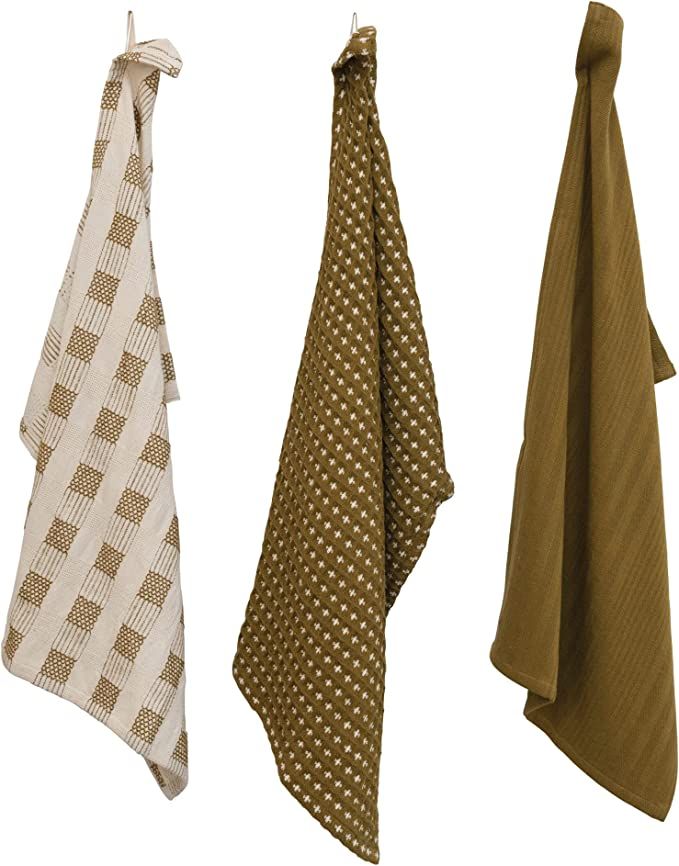 Creative Co-Op Woven Cotton, Set of 3 Styles, Natural and Olive Tea Towels, 28" L x 18" W x 0" H,... | Amazon (US)