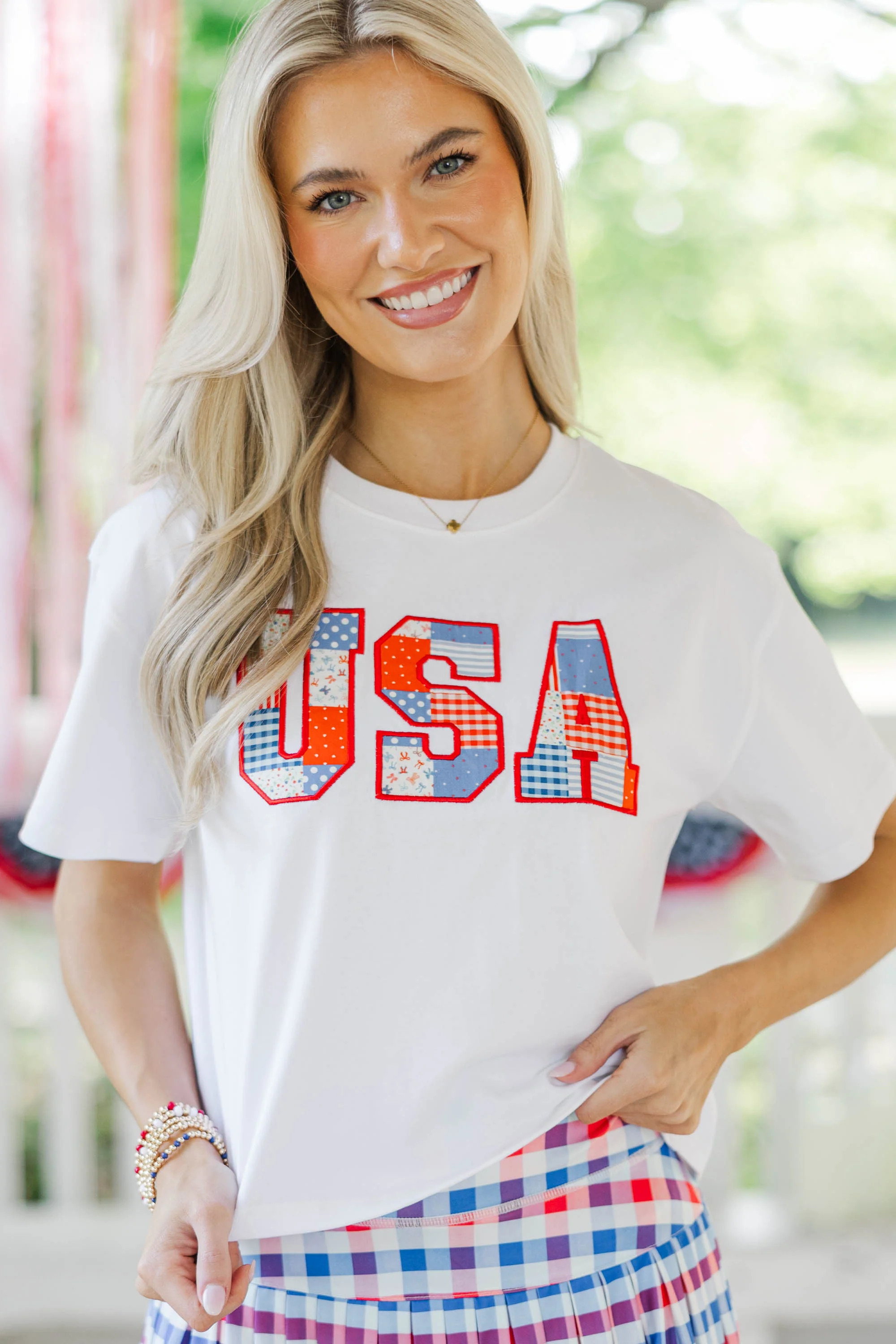 All American Girl White USA Patchwork Tee | The Mint Julep Boutique