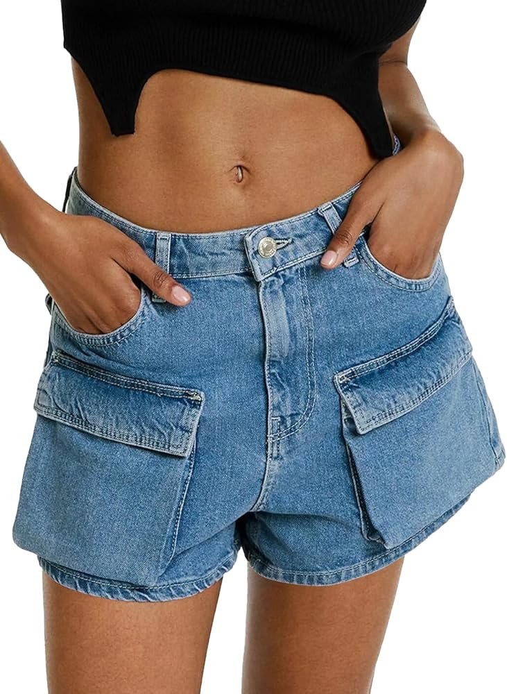 PLNOTME Women's Cargo Denim Shorts Cute Mid Rise Stretch 3.5" Inseam Short Jeans with Pockets | Amazon (US)