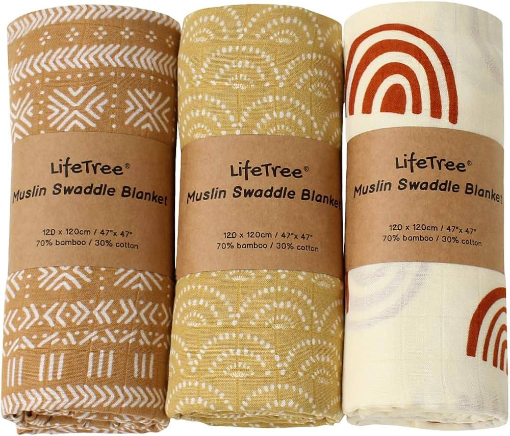 LifeTree Lot de 3 couvertures d'emmaillotage en mousseline de coton de bambou doux unisexe pour g... | Amazon (CA)