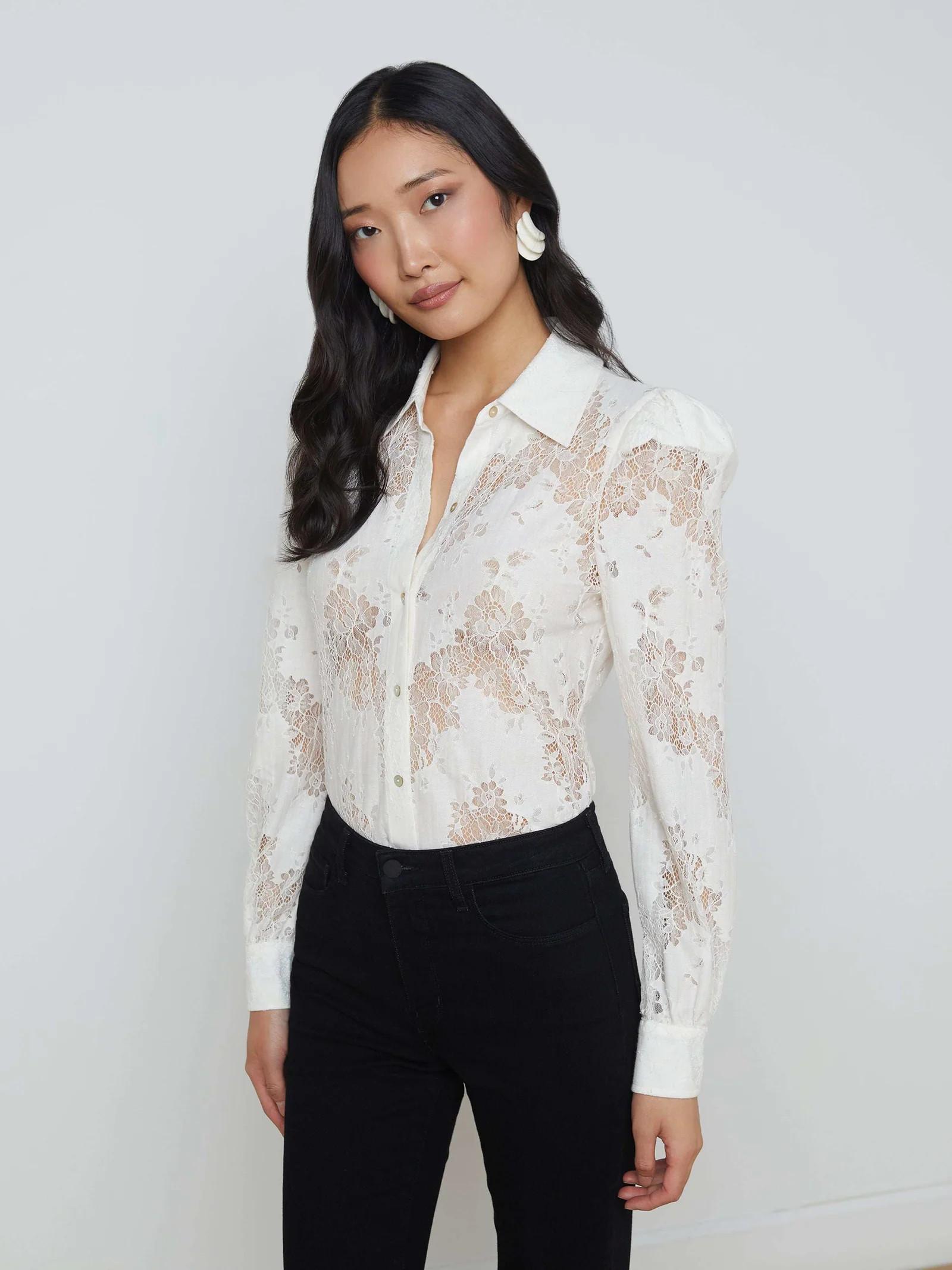 L'AGENCE - Jenica Long-Sleeve Lace Button-Down Blouse in Ivory | L'Agence